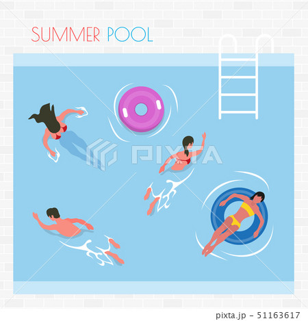 Summer Pool People Swimming and Laying on Lifebuoy 51163617