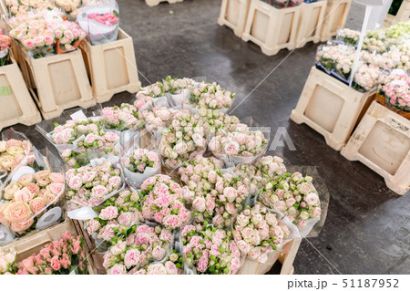 Warehouse refrigerator, Wholesale flowers for flower shops. Red roses in a plastic container or 51187952
