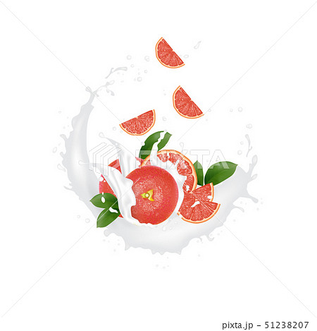 Juice milk yogurt grapefruit slices splashing. 51238207