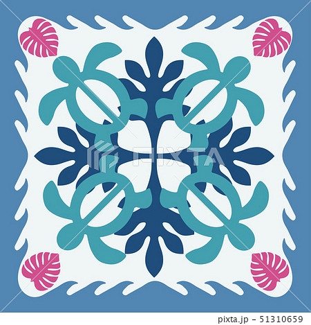 ハワイアンキルトのパターン 青 ホヌ 亀柄 背景イラスト テクスチャ 夏のイメージ ベクターデータのイラスト素材