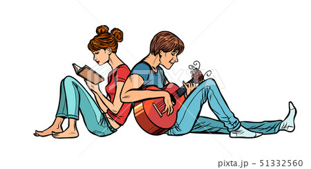 A couple of teenagers girl and boy. Woman reading a book, a man playing guitar A couple of teenagers girl and boy. Woman reading a book, a man playing guitar 51332560
