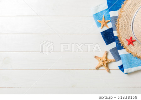 Travel and vacation accessories on  wooden table 51338159