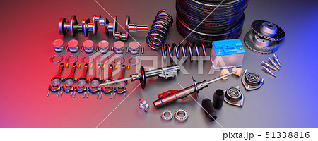 Auto parts spare parts car on the grey background. 3D rendering Auto parts spare parts car on the grey background. 3D rendering 51338816