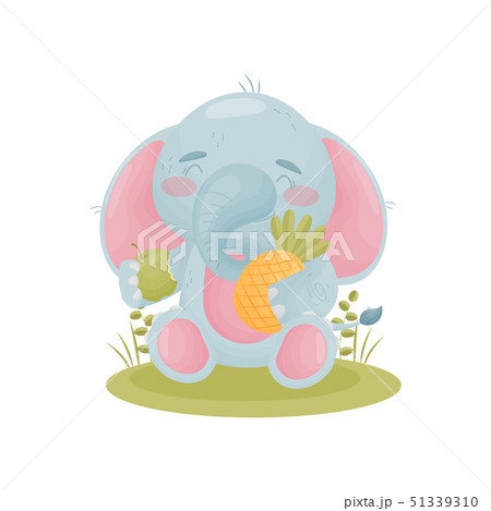 Humanized cute baby elephant holding fruit in his hands. Vector illustration on white background. 51339310