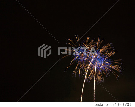 打ち上げ花火　青色系　広いコピースペース 51343709