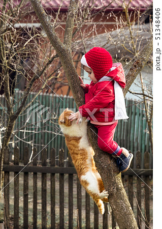 A little girl in red dressed up on a tree in the 51348406