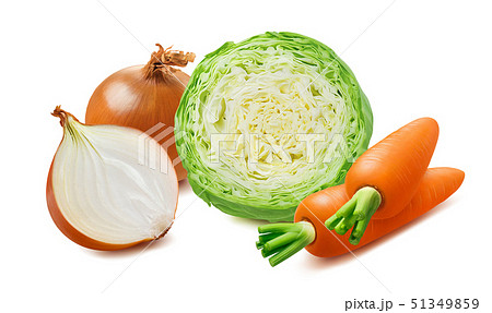 Cabbage half, carrot and onion isolated on white Cabbage half, carrot and onion isolated on white 51349859