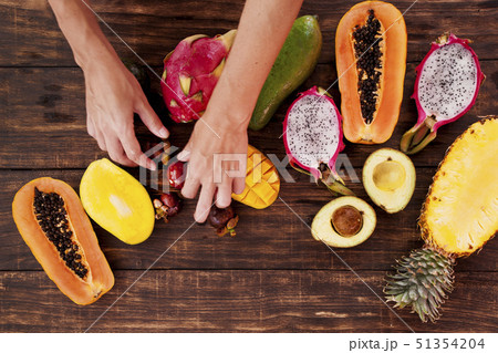 Tropical fruits, papaya, Dragon Fruit, rambutan, tamarind, avocado, granadilla, carambola kumquat 51354204