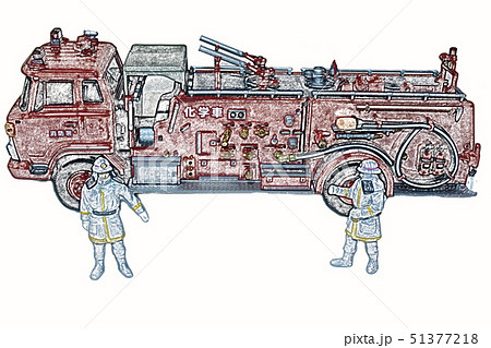 消防車 化学車 消防士 色鉛筆風のイラスト素材