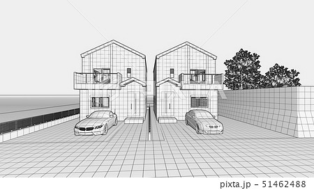 一戸建て住宅外観パース モノクロ 設計図2のイラスト素材