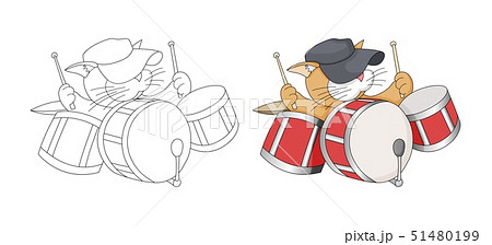Musical cartoon animal. Childish cat with drums. Coloring book page for kids 51480199