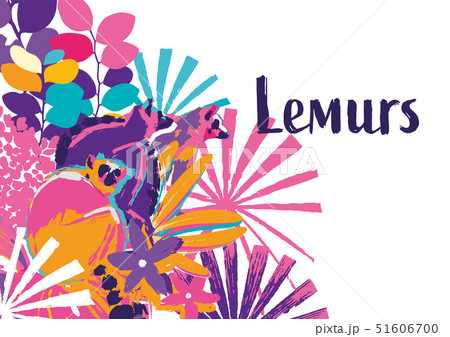 Abstract vector design of three wild lemurs sitting on the hibiscus flowers Abstract vector design of three wild lemurs sitting on the hibiscus flowers 51606700