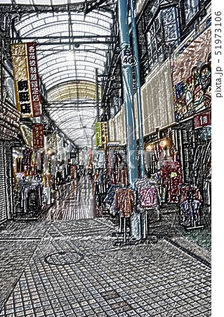 商店街 色鉛筆風のイラスト素材