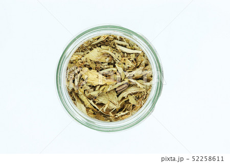 dried stevia leaves in bottle isolated on white 52258611
