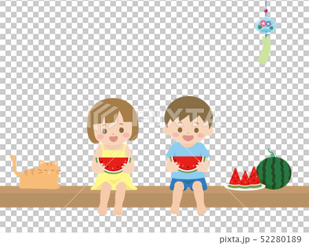 スイカを食べる子供のイラストのイラスト素材