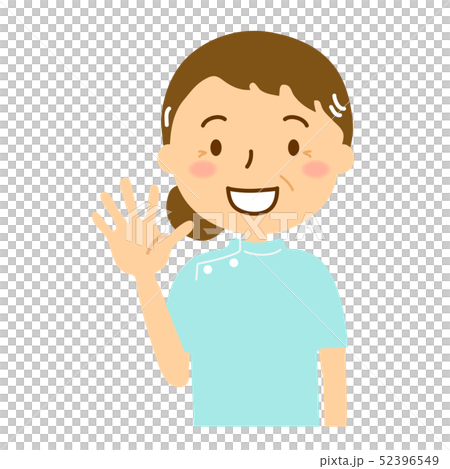 Casey white coat light blue woman waving hand 52396549