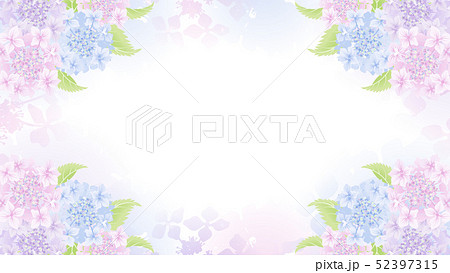 紫陽花のフレーム 3色の花と葉 グラデーション背景のイラスト素材