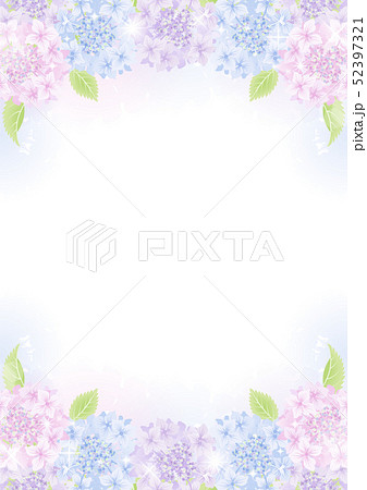 紫陽花のフレーム 3色の花と葉 縦構図のイラスト素材