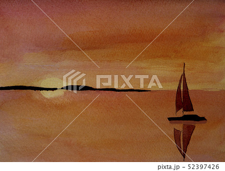 海の夕日とヨットのイラスト素材