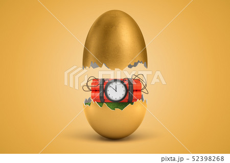 3d rendering of gold egg cracked in two, upper half levitating in air, red dynamite bundle with time 3d rendering of gold egg cracked in two, upper half levitating in air, red dynamite bundle with time 52398268