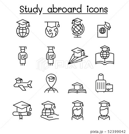 Study Abroad Graduation Icon Set In Thin Lineのイラスト素材