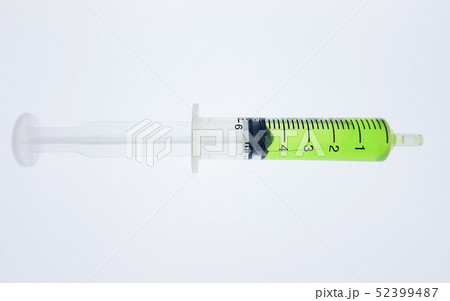 Syringe containing a green substance inside is pla 52399487