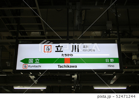 東京立川駅のプラットフォームの駅名標識（東京駅方面行きの電車）の