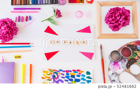 Top view creative artist workplace. Blank canvas Top view creative artist workplace. Blank canvas 52481662