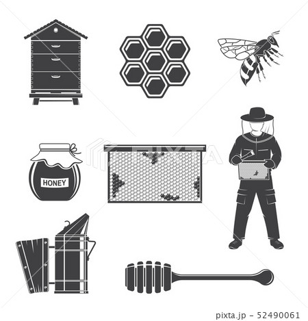 Set of beekeeping Equipment silhouette icons. Vector. Set include beekeeper, bee, beehive, bee 52490061
