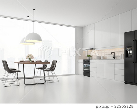 Minimal style kitchen and dining room 3d render Minimal style kitchen and dining room 3d render 52505229
