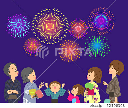 3世代家族 花火大会のイラスト素材