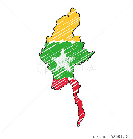 Myanmar map hand drawn sketch. Vector concept illustration flag, childrens drawing, scribble map Myanmar map hand drawn sketch. Vector concept illustration flag, childrens drawing, scribble map 52601230