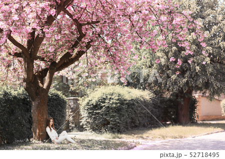 Outdoor portrait of young beautiful happy smiling lady posing near flowering tree. Model wearing Outdoor portrait of young beautiful happy smiling lady posing near flowering tree. Model wearing 52718495