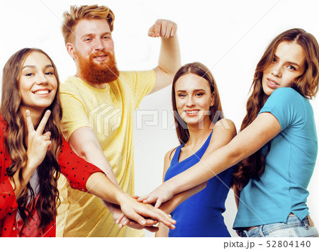 company of hipster guys, bearded red hair boy and girls students having fun together friends 52804140