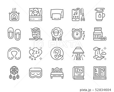 Set of Sleep Line Icons. Aroma Lamp, Bed, Pillow, Headphone, Hot Tea and more. 52834604
