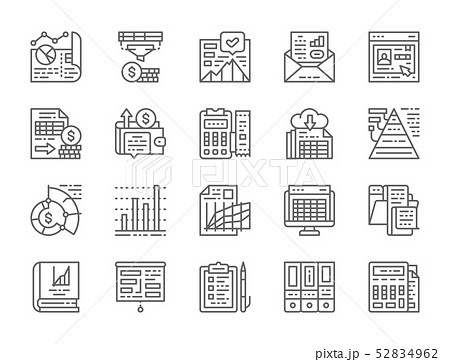 Set of Accounting Report Line Icons. Presentation, Bank Account, Resume and more 52834962