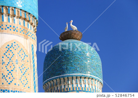 中央アジア　シルクロードの旅　ウズベキスタン　ブハラ　青空と青いチョル・ミナル 52846754