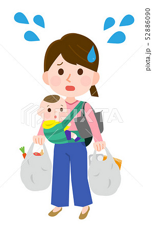 赤ちゃんをだっこする女性 荷物が多くて大変のイラスト素材 52886090