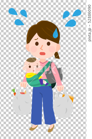 赤ちゃんをだっこする女性　荷物が多くて大変 52886090