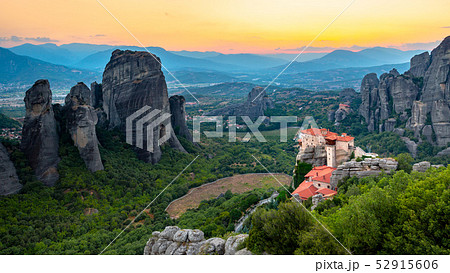 Mountain scenery with Meteora rocks and Monastery Mountain scenery with Meteora rocks and Monastery 52915606