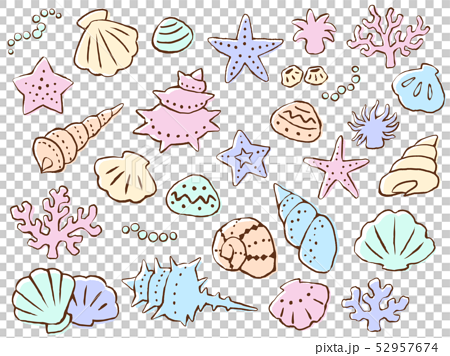 貝 ヒトデ サンゴの手描きパステルカラーイラストセット 線画 版ズレ風塗り のイラスト素材