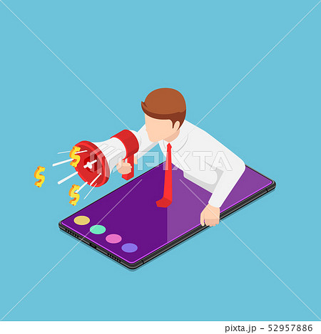 Isometric businessman shouting out with megaphone 52957886