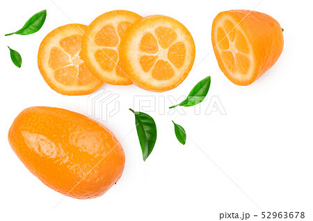 Cumquat or kumquat with slies isolated on white background. Top view. Flat lay 52963678