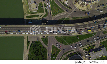 Drone's Eye View - Aerial top down view of urban traffic jam on bridge Drone's Eye View - Aerial top down view of urban traffic jam on bridge 52967333