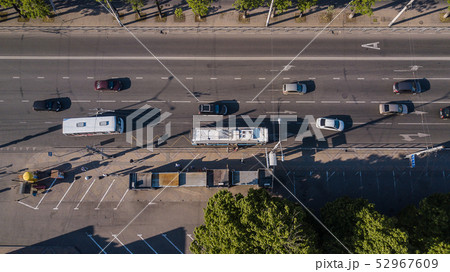 Top down View of freeway busy city traffic jam rush hour highway. Top down View of freeway busy city traffic jam rush hour highway. 52967609