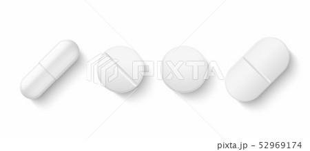 Realistic white pills. 3D drugs medicine capsules and vitamins, healthcare pharmacy tablets. Vector 52969174