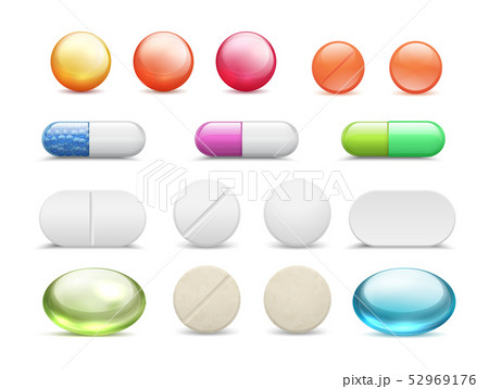 Realistic pills. Medicine tablets round vitamins and capsule drugs, different healthcare pharmacy Realistic pills. Medicine tablets round vitamins and capsule drugs, different healthcare pharmacy 52969176