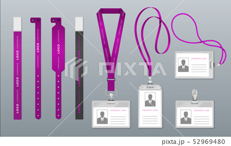 Realistic lanyard badge. Identity card mockup, event and festival ribbon access pass, accreditation 52969480
