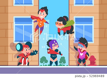 Superhero kids background. Children comic characters, cartoon happy kids in superhero costumes on 52969489