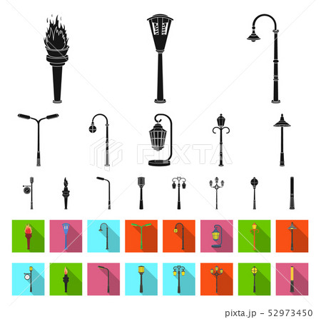 Lamp post black,flat icons in set collection for design. Lantern and lighting vector symbol stock Lamp post black,flat icons in set collection for design. Lantern and lighting vector symbol stock 52973450